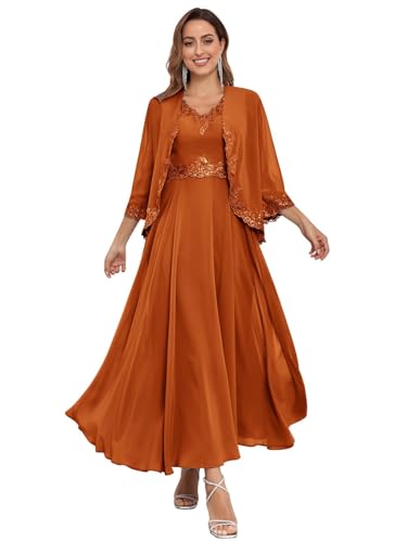 JIIL Große Größen Festliche Damenmode,Damen Lang Brautmutterkleider Jacke Zweiteilig Hochzeit Elegant Abendkleider Spitzen Chiffon Pailletten Kleid Lila 34 von JIIL