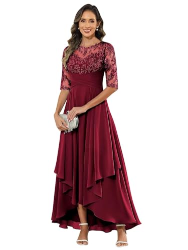 JIIL Hochzeitskleider,Damen Abendkleid Lang - Elegant Spitzen Brautmutterkleid Chiffon Formales Kleider Halbärmel Festliche Für Hochzeit Burgund 40 von JIIL