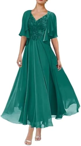 JIIL Hochzeitskleider,Damen Brautmutterkleider Lang Zweiteilig Hochzeit Mit Jacke Spitzenkleid Festlich Abendkleider A-Linie Mit Rüschen Dunkle Blaugrün 42 JIIL Hochzeitskleider,Damen Brautmutterkleider Lang Zweiteilig Hochzeit Mit Jacke Spitzenkleid Festlich Abendkleider A-Linie Mit Rüschen Dunkle Blaugrün 42 von JIIL