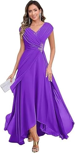 JIIL Hochzeitskleider,Damen Chiffon Brautmutterkleider Lang V-Ausschnitt Ärmelloses Glitzer Abendkleider A-Linie Festliche Kleider Lila 42 von JIIL