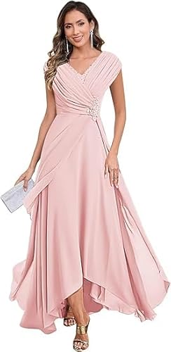 JIIL Hochzeitskleider,Damen Chiffon Brautmutterkleider Lang V-Ausschnitt Ärmelloses Glitzer Abendkleider A-Linie Festliche Kleider Rot 40 von JIIL