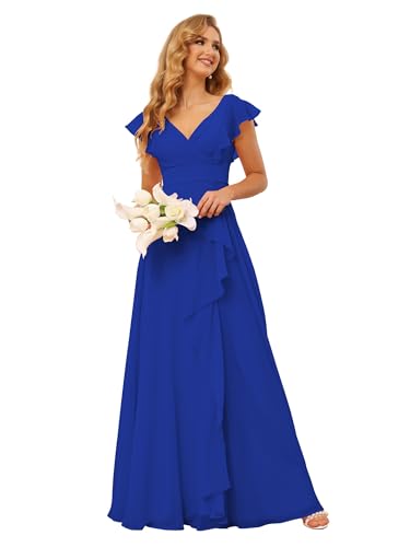 JIIL Hochzeitskleider Für Damen,Damen Rüsche Brautjungfernkleider Lang Chiffon V-Ausschnitt Abendkleider Elegant Für Hochzeit Mit Schlitz Königsblau 50 von JIIL