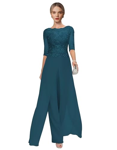 JIIL Hosenanzüge für Damen Elegant Spitze Applikationen Chiffon Mutter der Braut Hosenanzüge für Hochzeit Teal 52 von JIIL