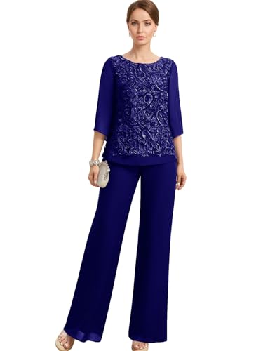 JIIL Hosenanzug Damen Festlich Hochzeit Gast Kleid 2 Teile Brautmutterkleider für Hochzeit Spitzen Outfit Königsblau 46 von JIIL