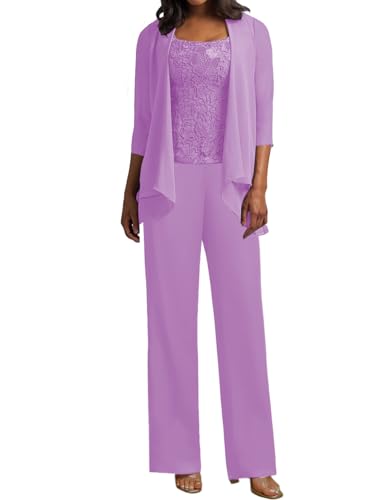 JIIL 3 Teilig Hosenanzug Damen - Spitze Mutter der Braut Kleid Set Hochzeit Gast Hosen Set Flieder 42 von JIIL