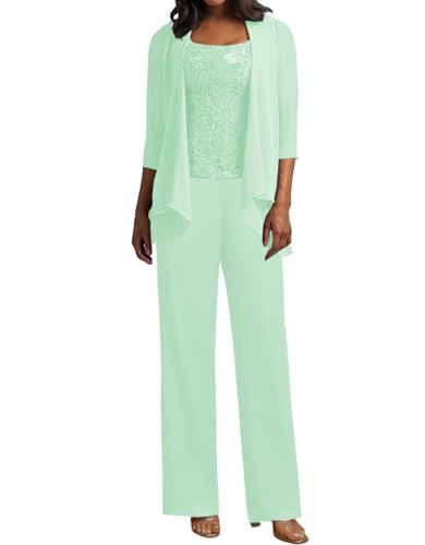 JIIL 3 Teilig Hosenanzug Damen - Spitze Mutter der Braut Kleid Set Hochzeit Gast Hosen Set Mint 44 JIIL 3 Teilig Hosenanzug Damen - Spitze Mutter der Braut Kleid Set Hochzeit Gast Hosen Set Mint 44 von JIIL