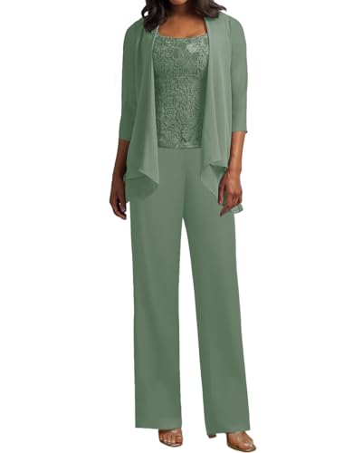 JIIL 3 Teilig Hosenanzug Damen - Spitze Mutter der Braut Kleid Set Hochzeit Gast Hosen Set Salbeigrün 42 von JIIL