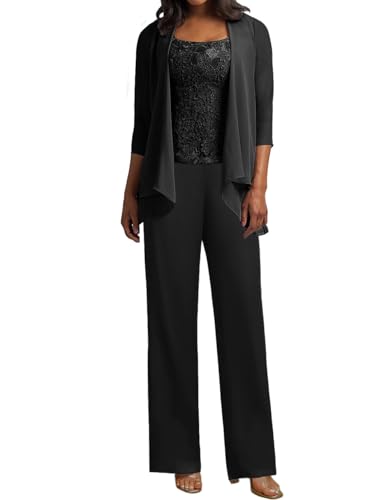 JIIL 3 Teilig Hosenanzug Damen - Spitze Mutter der Braut Kleid Set Hochzeit Gast Hosen Set Schwarz 42 von JIIL