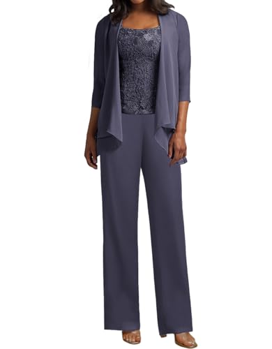 JIIL 3 Teilig Hosenanzug Damen - Spitze Mutter der Braut Kleid Set Hochzeit Gast Hosen Set Stürmisch-blau 42 von JIIL