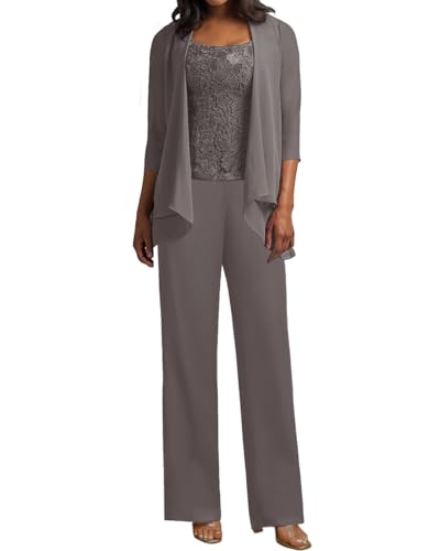 JIIL Hosenanzug Damen Sommer - 3 teiler Chiffon Festlich Elegant Spitze große größen Mutter Der Braut Kleid Hosen Set Grau 46 von JIIL