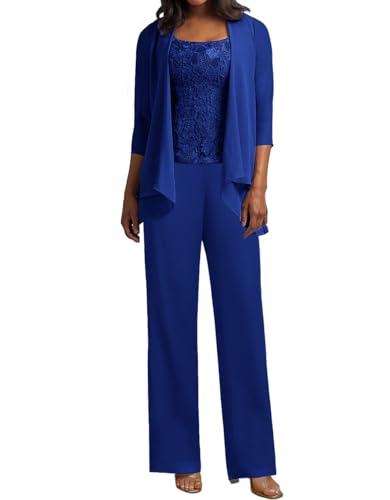 JIIL Hosenanzug Damen Sommer - 3 teiler Chiffon Festlich Elegant Spitze große größen Mutter Der Braut Kleid Hosen Set Königsblau 40 von JIIL