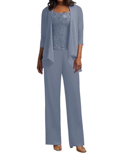JIIL Hosenanzug Damen Sommer - 3 teiler Chiffon Festlich Elegant Spitze große größen Mutter Der Braut Kleid Hosen Set Schmutzigblau 44 von JIIL