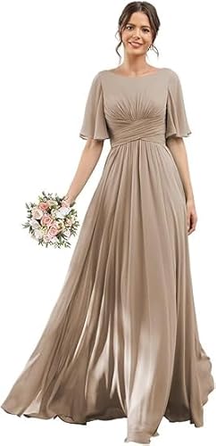 JIIL Kleid Damen Elegant Lang,Damen Brautjungfernkleider Lang Chiffon Flutter Sleeve Abendkleid A-Line Hochzeit Festlich Ballkleider Partykleid Mit Taschen Taupe 48 von JIIL