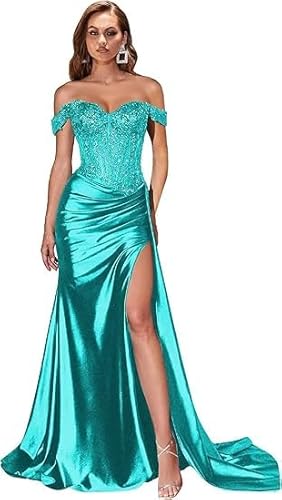 JIIL Kleid Damen Elegant Lang,Damen Schulterfreies Abendkleider Glitzer Lang Satin Meerjungfrau Falte Brautjungfernkleid Formeller Hochzeit Kleid Dunkler Aqua 54 von JIIL