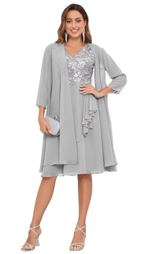 JIIL Kleid Damen Große Größen,Damen Brautmutterkleider Knielang Mit Jacke Zweiteilig Hochzeit Lang Abendkleider Spitze Chiffon Festliche Damenkleider Silber 50 von JIIL