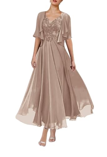 JIIL Kleid Damen Große Größen,Damen Brautmutterkleider Lang Zweiteilig Hochzeit Mit Jacke Spitzenkleid Festlich Abendkleider A-Linie Mit Rüschen Taupe 38 von JIIL