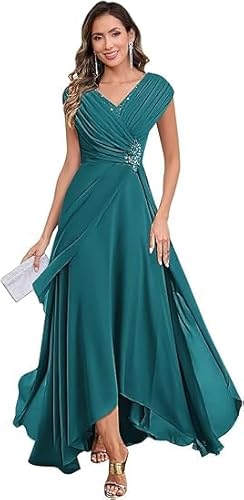 JIIL Kleid Damen Große Größen,Damen Chiffon Brautmutterkleider Lang V-Ausschnitt Ärmelloses Glitzer Abendkleider A-Linie Festliche Kleider Dunkle Blaugrün 40 von JIIL