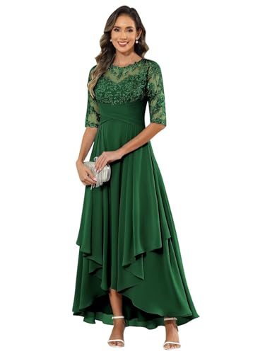 JIIL Kleid Für Brautmutter,Damen Abendkleid Lang - Elegant Spitzen Brautmutterkleid Chiffon Formales Kleider Halbärmel Festliche Für Hochzeit Smaragdgrün 42 von JIIL