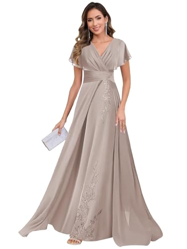 JIIL Kleid Für Brautmutter,Damen Brautmutterkleider Lang Elegant Spitzenapplikation Chiffon Abendkleider Mutter Der Braut Kleid Taupe 38 von JIIL