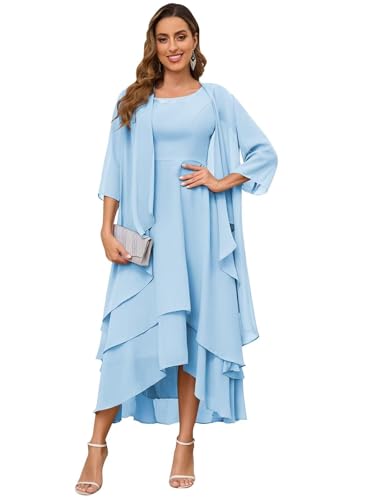 JIIL Kleid Für Brautmutter,Damen Brautmutterkleider Lang Mit Jacke 2 Teilig Große Größen Chiffon Abendkleider Formelles Abendanzug Set Hellblau 52 von JIIL