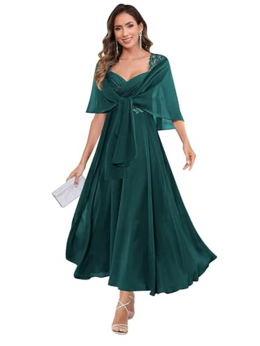 JIIL Kleid Für Brautmutter,Damen Brautmutterkleider Lang Mit Schal 2 Teilig Große Größen - Elegant Chiffon Spitzenapplikationen Abendkleider Blaugrün 48 von JIIL