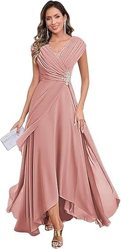 JIIL Kleid Für Brautmutter,Damen Chiffon Brautmutterkleider Lang V-Ausschnitt Ärmelloses Glitzer Abendkleider A-Linie Festliche Kleider Staubige Rose 38 von JIIL