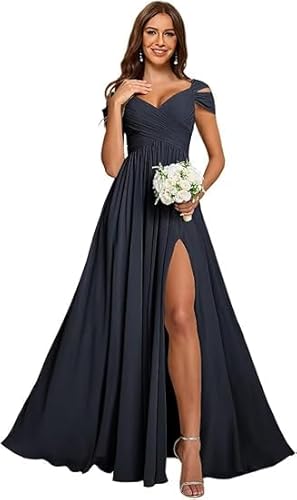 JIIL Kleid Hochzeitsgast Damen Lang,Damen Off Shoulder Chiffon Brautjungfernkleider Lang - Formeller A-Linie V-Ausschnitt Lang Abendkleider Elegant Hochzeit Schlitz Marine 40 von JIIL