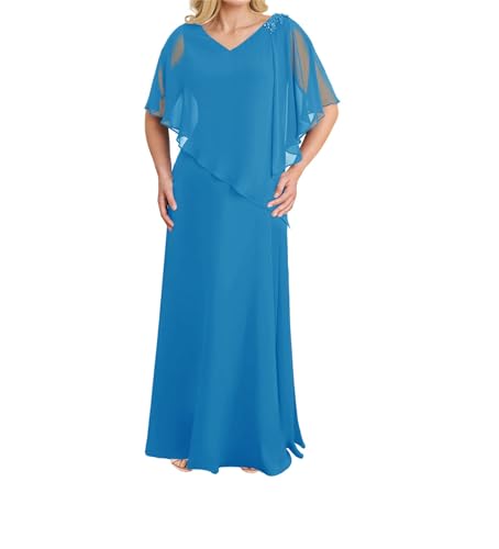 JIIL Kleid für Brautmutter Lang Schlicht Chiffon Hochzeit Partykleid für Damen Große Größen Meerblau 52 von JIIL