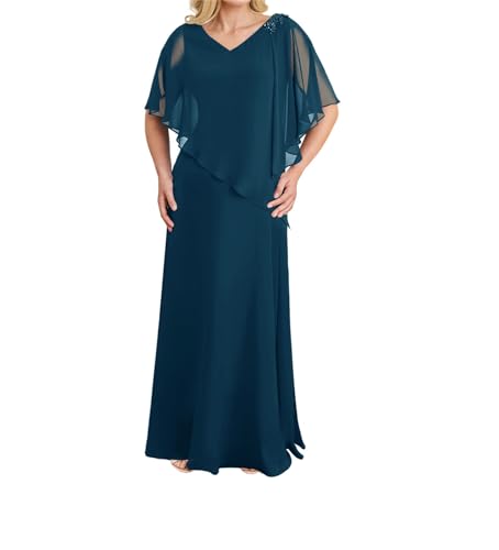 JIIL Kleid für Brautmutter Lang Schlicht Chiffon Hochzeit Partykleid für Damen Große Größen Tintenblau 56 von JIIL