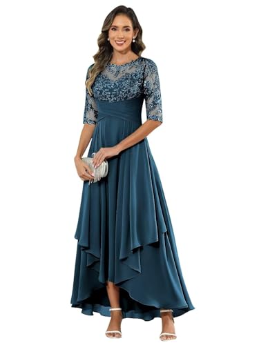 JIIL Kleider Festlich Damen,Damen Abendkleid Lang - Elegant Spitzen Brautmutterkleid Chiffon Formales Kleider Halbärmel Festliche Für Hochzeit Pfau 44 von JIIL