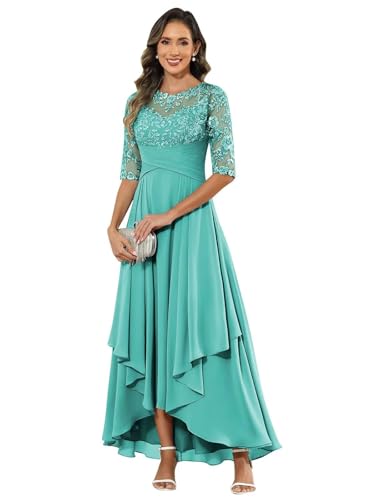 JIIL Kleider Festlich Damen,Damen Abendkleid Lang - Elegant Spitzen Brautmutterkleid Chiffon Formales Kleider Halbärmel Festliche Für Hochzeit Türkis 46 von JIIL
