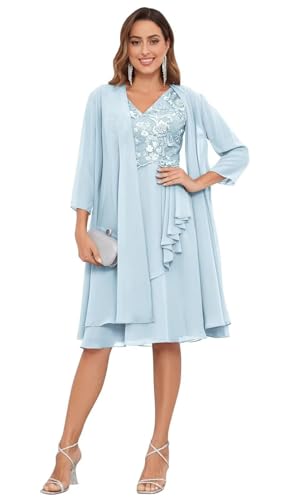 JIIL Kleider Festlich Damen,Damen Brautmutterkleider Knielang Mit Jacke Zweiteilig Hochzeit Lang Abendkleider Spitze Chiffon Festliche Damenkleider Hellblau 50 von JIIL