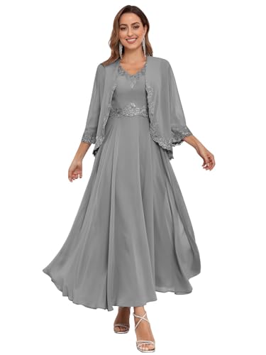 JIIL Kleider Festlich Damen,Damen Lang Brautmutterkleider Jacke Zweiteilig Hochzeit Elegant Abendkleider Spitzen Chiffon Pailletten Kleid Olive 42 von JIIL