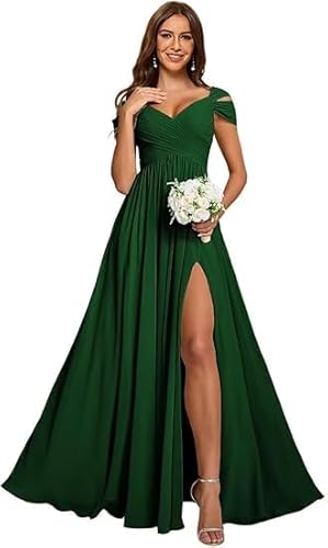 JIIL Kleider Für Hochzeitsgäste,Damen Off Shoulder Chiffon Brautjungfernkleider Lang - Formeller A-Linie V-Ausschnitt Lang Abendkleider Elegant Hochzeit Schlitz Smaragdgrün 34 von JIIL