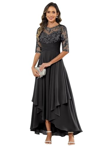 JIIL Kleider Große Größen Festlich,Damen Abendkleid Lang - Elegant Spitzen Brautmutterkleid Chiffon Formales Kleider Halbärmel Festliche Für Hochzeit Schwarz 46 von JIIL