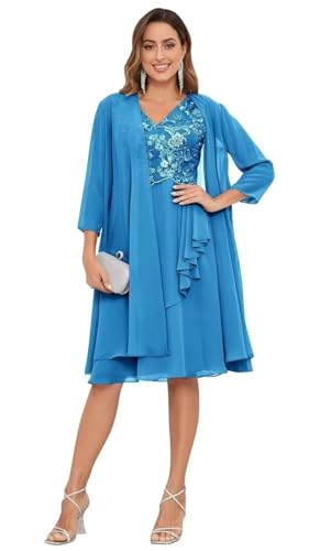 JIIL Kleider Große Größen Festlich,Damen Brautmutterkleider Knielang Mit Jacke Zweiteilig Hochzeit Lang Abendkleider Spitze Chiffon Festliche Damenkleider Ozeanblau 40 von JIIL