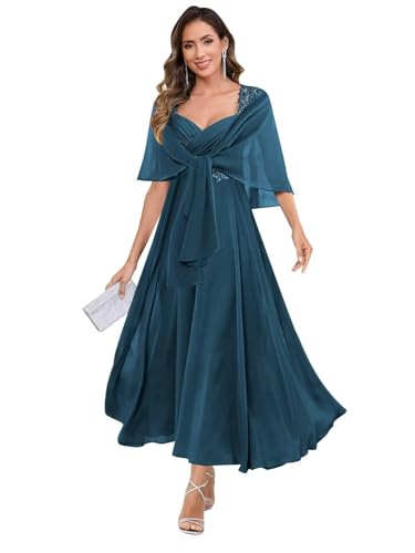 JIIL Kleider Große Größen Festlich,Damen Brautmutterkleider Lang Mit Schal 2 Teilig Große Größen - Elegant Chiffon Spitzenapplikationen Abendkleider Pfau 44 von JIIL