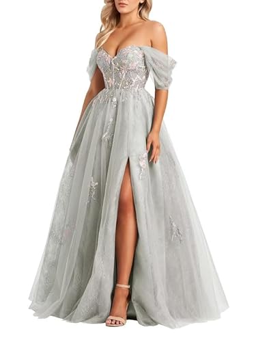 JIIL Lace Applique Tüll Abendkleider - Damen Schulterfreie Ballkleider mit Schlitz A-Line Lang Schulballkleid Silber 48 von JIIL