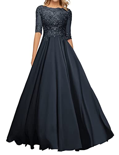 JIIL Lang Abendkleid Ballkleid - A-Linie Chiffon Spitze Hochzeitsgast Kleid Große Größen Navy blau 42 von JIIL