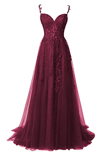 JIIL Lang Ballkleid Abendkleid Tüll - A-Linie Spaghettiträger Abschlussballkleid mit Schlitz Himbeerenrot 36 von JIIL