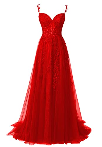JIIL Lang Ballkleid Abendkleid Tüll - A-Linie Spaghettiträger Abschlussballkleid mit Schlitz Rot 36 von JIIL