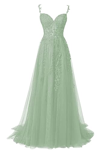 JIIL Lang Ballkleid Abendkleid Tüll - A-Linie Spaghettiträger Abschlussballkleid mit Schlitz Salbeigrün 36 von JIIL