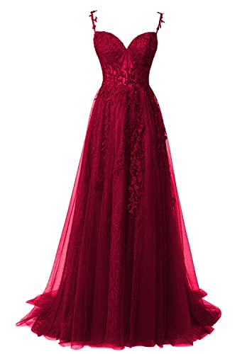 JIIL Lang Ballkleid Abendkleid Tüll - A-Linie Spaghettiträger Abschlussballkleid mit Schlitz Weinrot 36 von JIIL