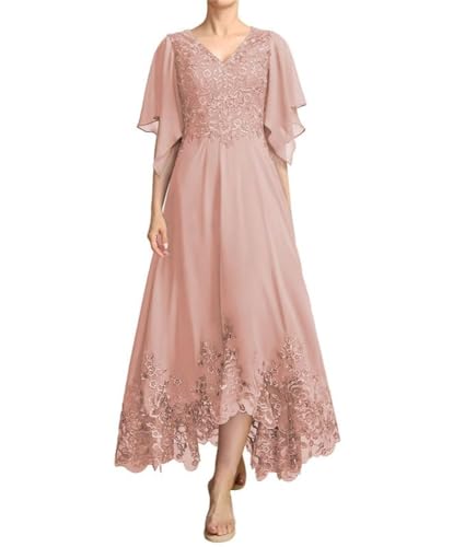 JIIL Lang Brautmutterkleid mit Ärmel - Spitze Applikationen A-Linie Elegant Abendkleider Altrosa 40 von JIIL