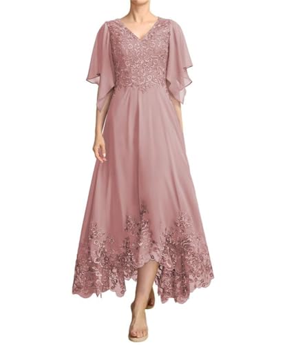 JIIL Brautmutterkleider für Hochzeit Lang - Spitze Applikationen A-Linie Elegant Abendkleider Dunkel-rosa 54 von JIIL