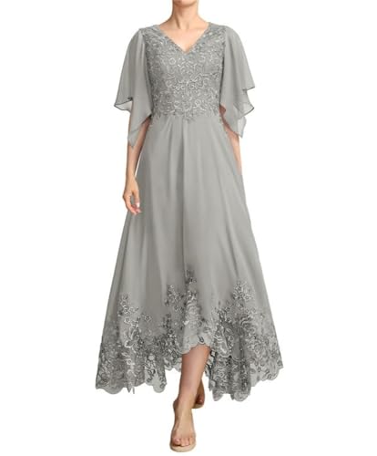 JIIL Lang Brautmutterkleid mit Ärmel - Spitze Applikationen A-Linie Elegant Abendkleider Silber 48 von JIIL