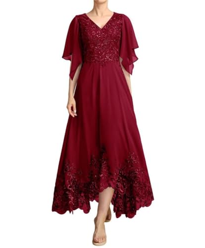 JIIL Lang Brautmutterkleid mit Ärmel - Spitze Elegant Mutter des Bräutigams Kleid für Hochzeit Weinrot 52 von JIIL