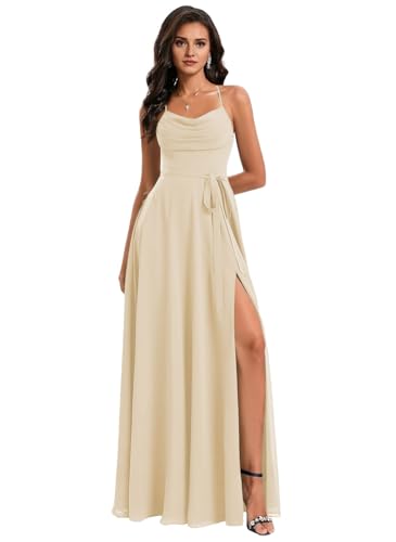 JIIL Lang Hochzeit Brautjungfer Kleid - Spaghettiträger Neckholder Abendkleid für Damen Champagner 36 von JIIL