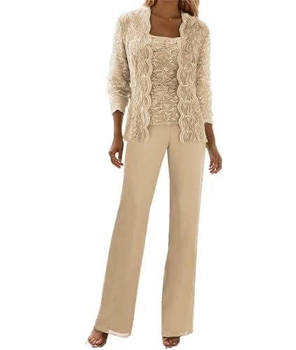 JIIL Langarm Spitzen Hosenanzüg für Damen Elegant 3-teilig Chiffon Brautmutter Hosenanzug mit Jacke Champagner 36 von JIIL