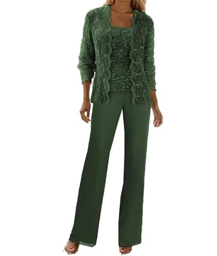 JIIL Langarm Spitzen Hosenanzüg für Damen Elegant 3-teilig Chiffon Brautmutter Hosenanzug mit Jacke Dunkelgrün 34 von JIIL
